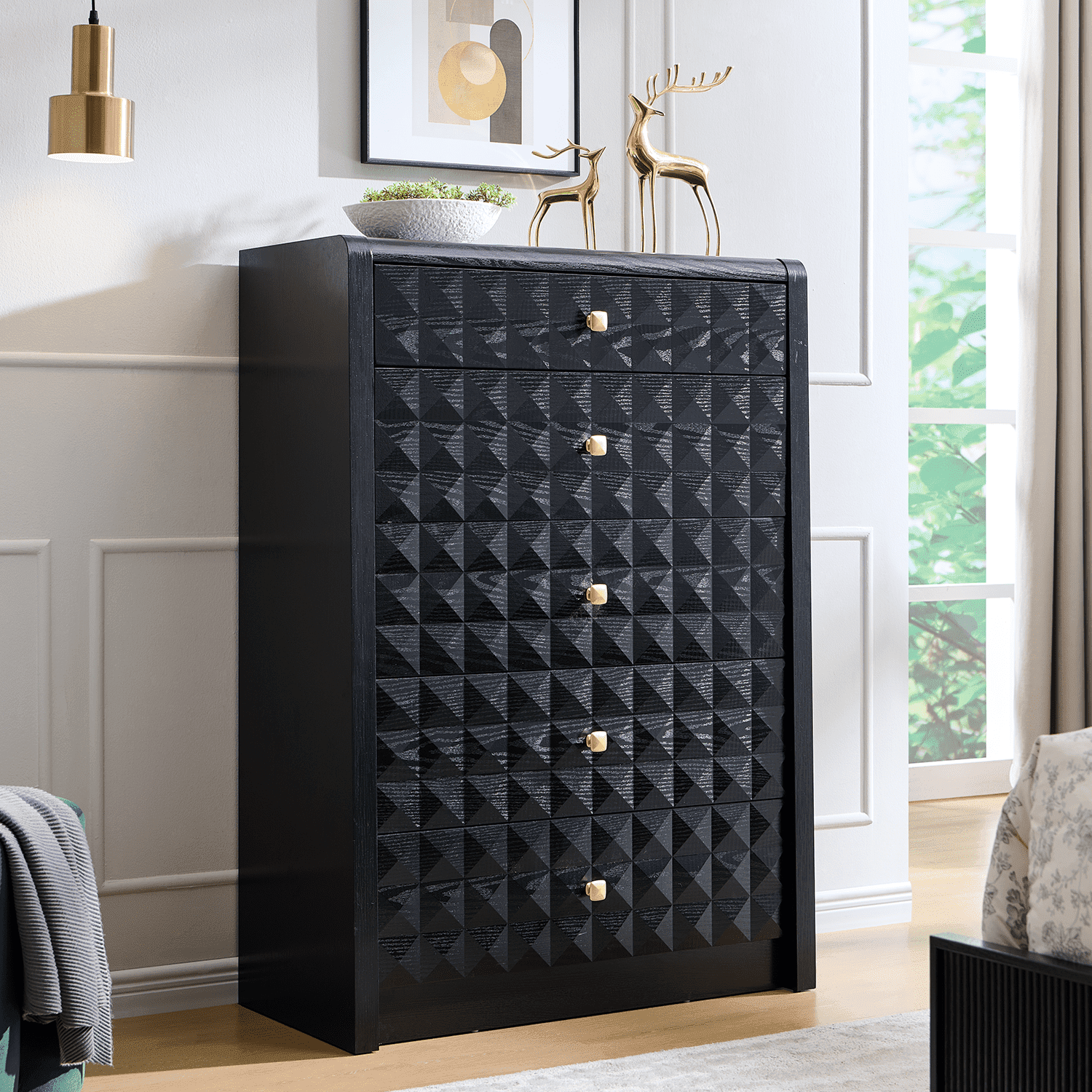 black diamond dresser wow97e Modern 5 Drawer Dresser for Bedroom, Wooden Tall Dressers & Chests of Drawers w/Diamond Panel Decorate, Black