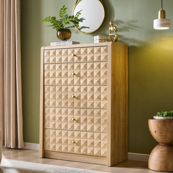 wow97e Modern 5 Drawer Dresser for Bedroom, Wooden Tall Dressers & Chests of Drawers w/Diamond Panel Decorate, Natural