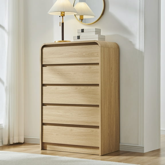 wow97e Modern 5 Drawers Dresser with Large Drawers, Wood Mid Century Chests of Drawers w/Curved Profile Design, for Bedrooms and Living Room