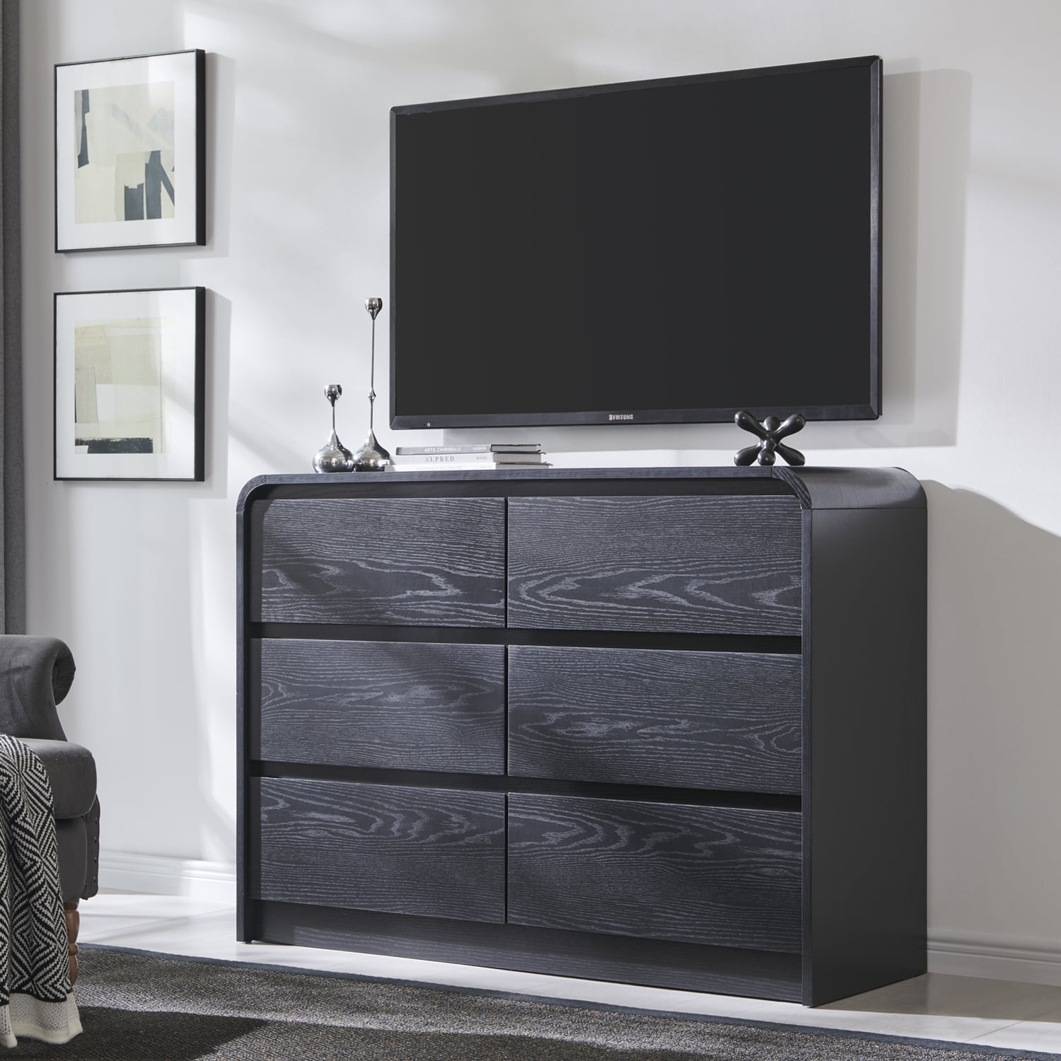 wow97e Modern 6 Drawers Dresser for Bedroom, 47" Wide Wood Chest of Drawers w/Curved Profile Design, for Bedroom, Living Room, Black