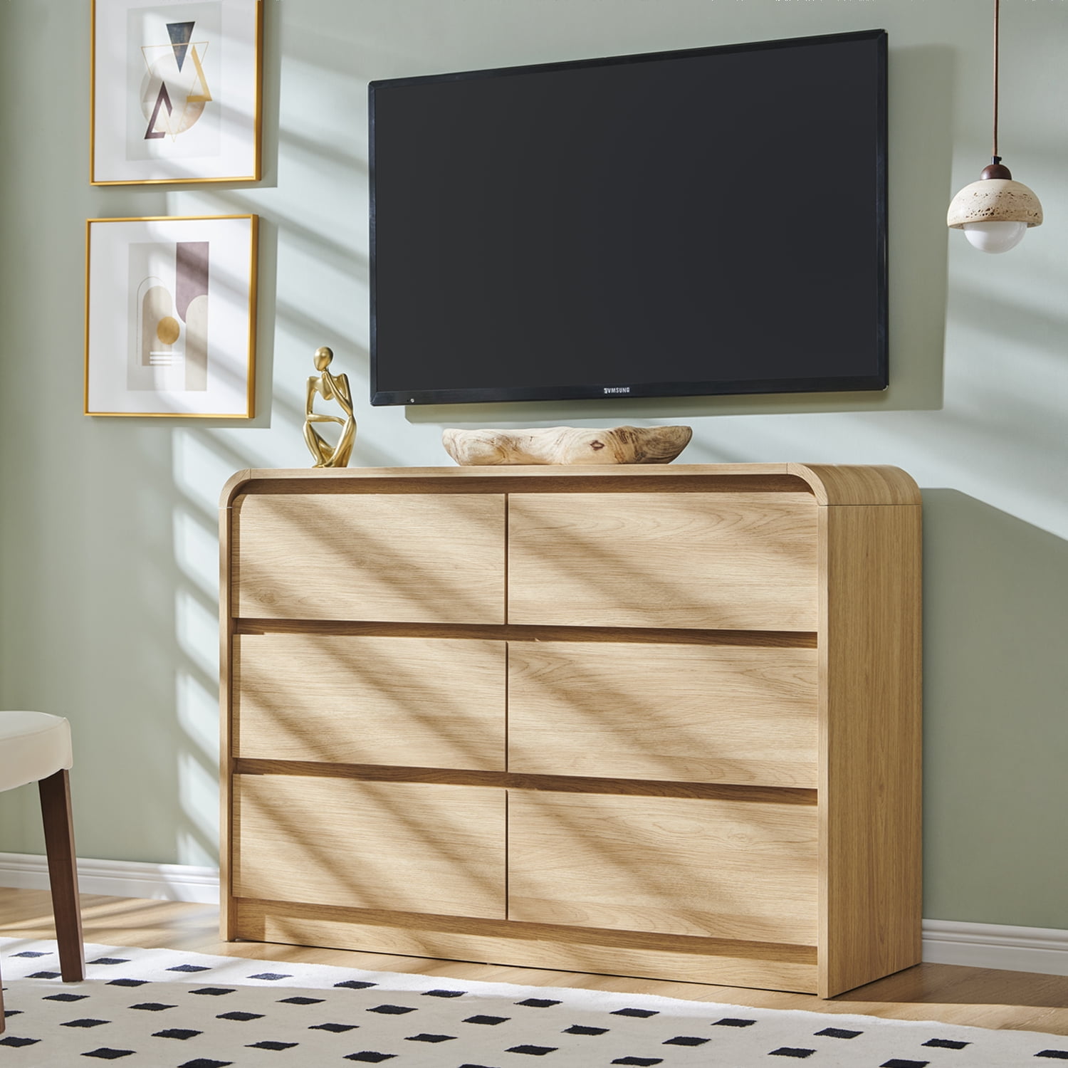 wow97e Modern 6 Drawers Dresser for Bedroom, 47" Wide Wood Chest of Drawers w/Curved Profile Design, for Bedroom, Living Room, Natural Oak