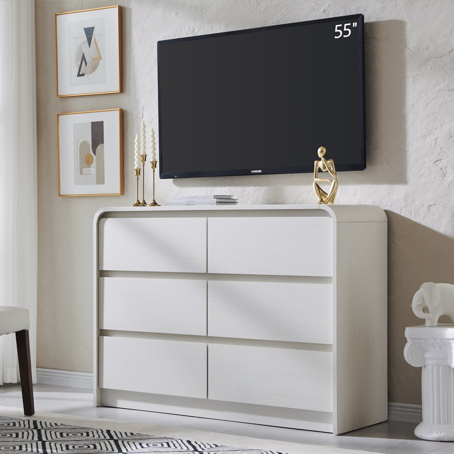 wow97e Modern 6 Drawers Dresser for Bedroom, 47" Wide Wood Chest of Drawers w/Curved Profile Design, for Bedroom, Living Room, White
