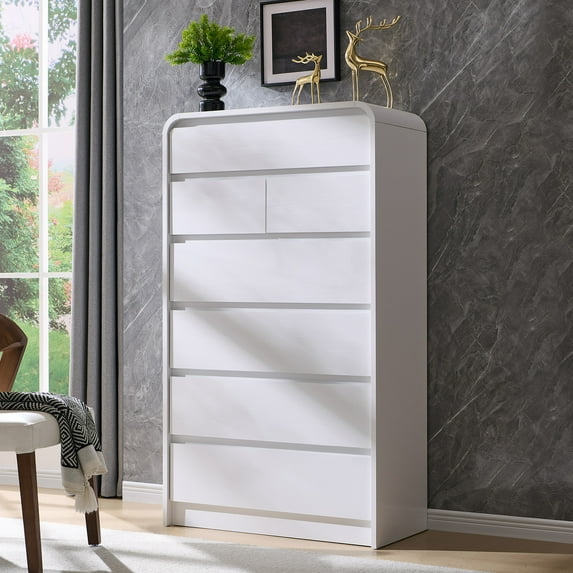 wow97e Modern 7 Drawers Dresser, 55" Tall Wood Mid Century Chests of Drawers w/Curved Profile Design, for Bedrooms and Living Room