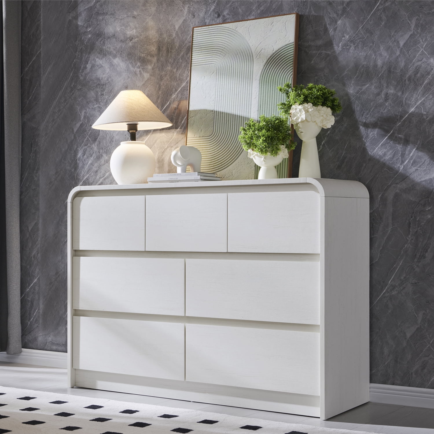 wow97e Modern 7 Drawers Dresser for Bedroom, Mid Century Chests of Drawers w/Curved Profile Design, 47" Wide