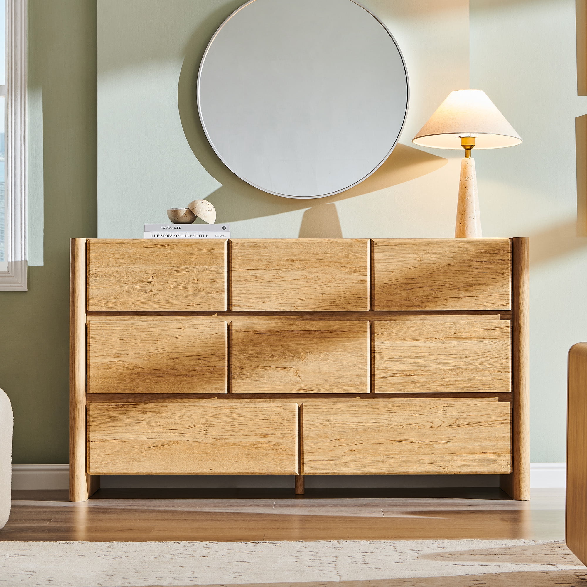 wow97e Modern 8 Drawers Dresser for Bedroom, 55" Wide Natural Wood Chest of Drawers w/Rounded Corner & Handless Design for Living Room
