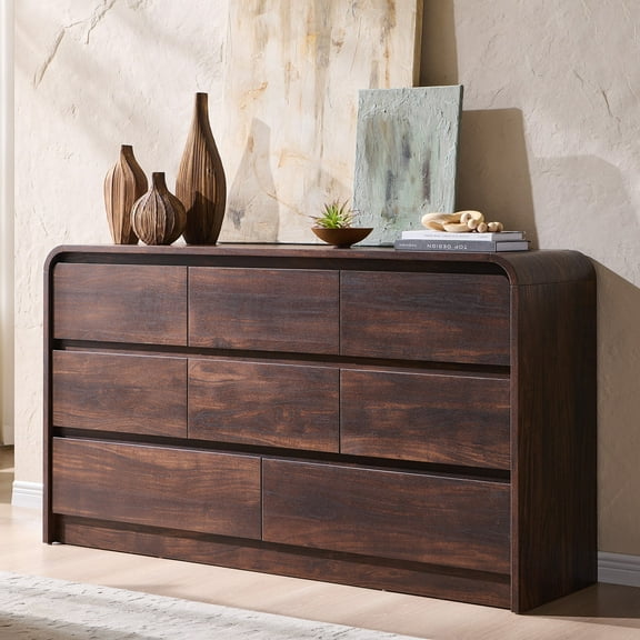 wow97e Modern 8 Drawers Dresser for Bedroom, 55" Wide Wood Chest of Drawers w/Curved Profile Design, for Bedroom, Living Room, Natural Oak
