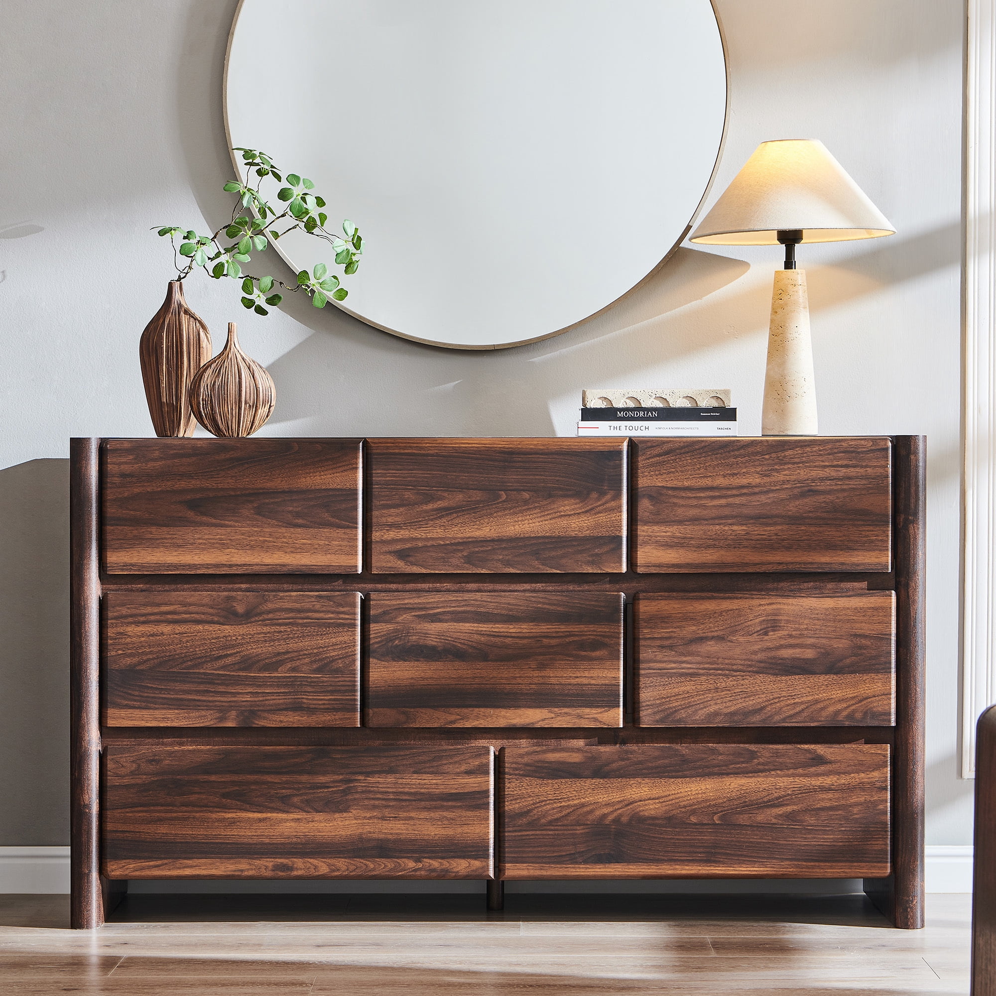 wow97e Modern 8 Drawers Dresser for Bedroom, 55" Wide Wood Chest of Drawers w/Rounded Corner & Handless Design for Living Room, Brown