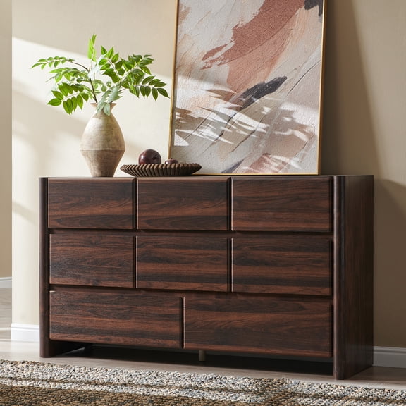 wow97e Modern 8 Drawers Dresser for Bedroom, 55" Wide Wood Chest of Drawers w/Rounded Corner for Bedroom, Living Room