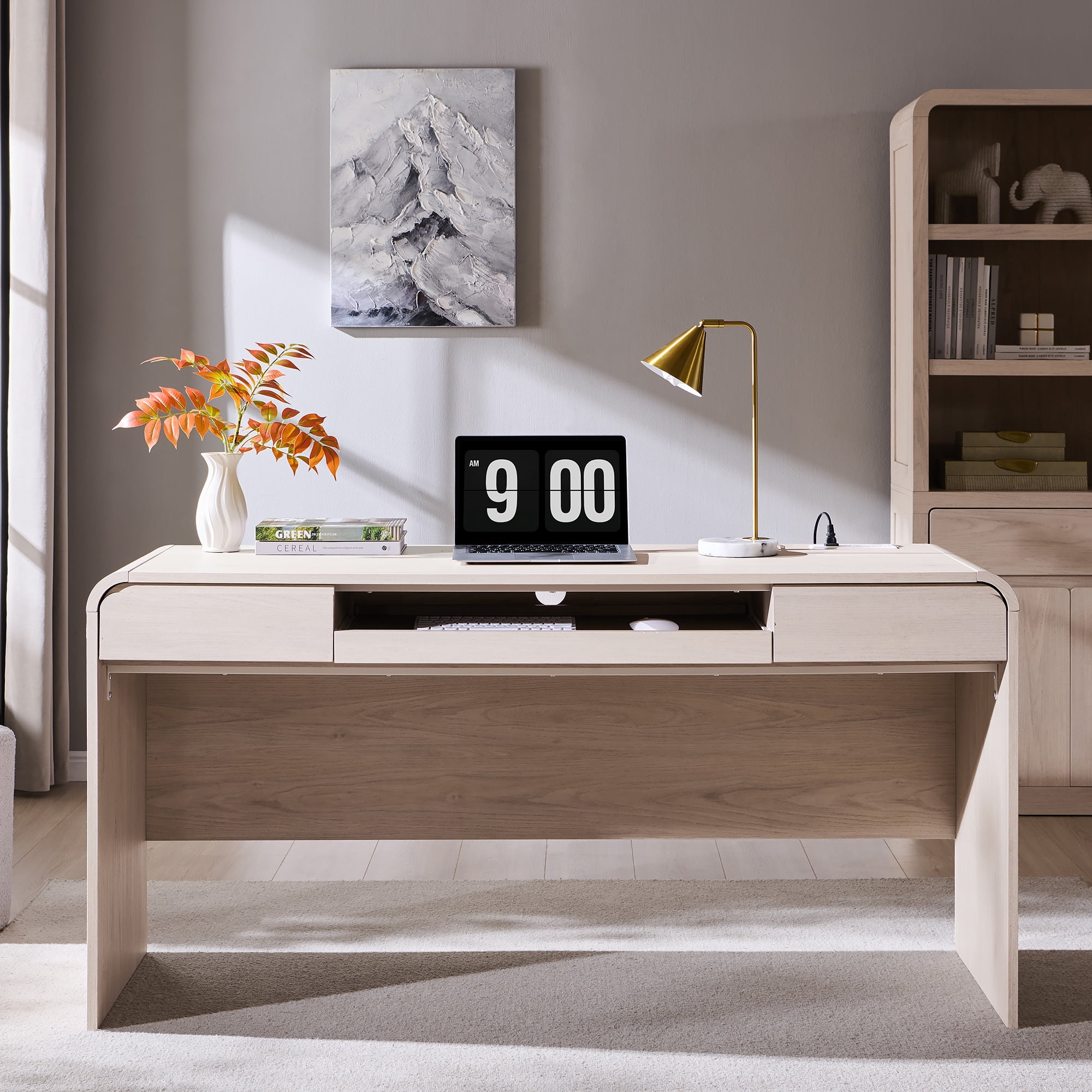 wow97e Modern Computer Desk with Storage Drawers, 57'' Large Executive Office Desk with Charging Station & Keyboard Tray for Home Office
