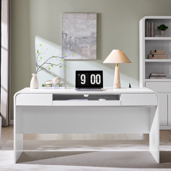 wow97e Modern Computer Desk with Storage Drawers, 57'' Large Executive Office Desk with Charging Station & Keyboard Tray for Home Office