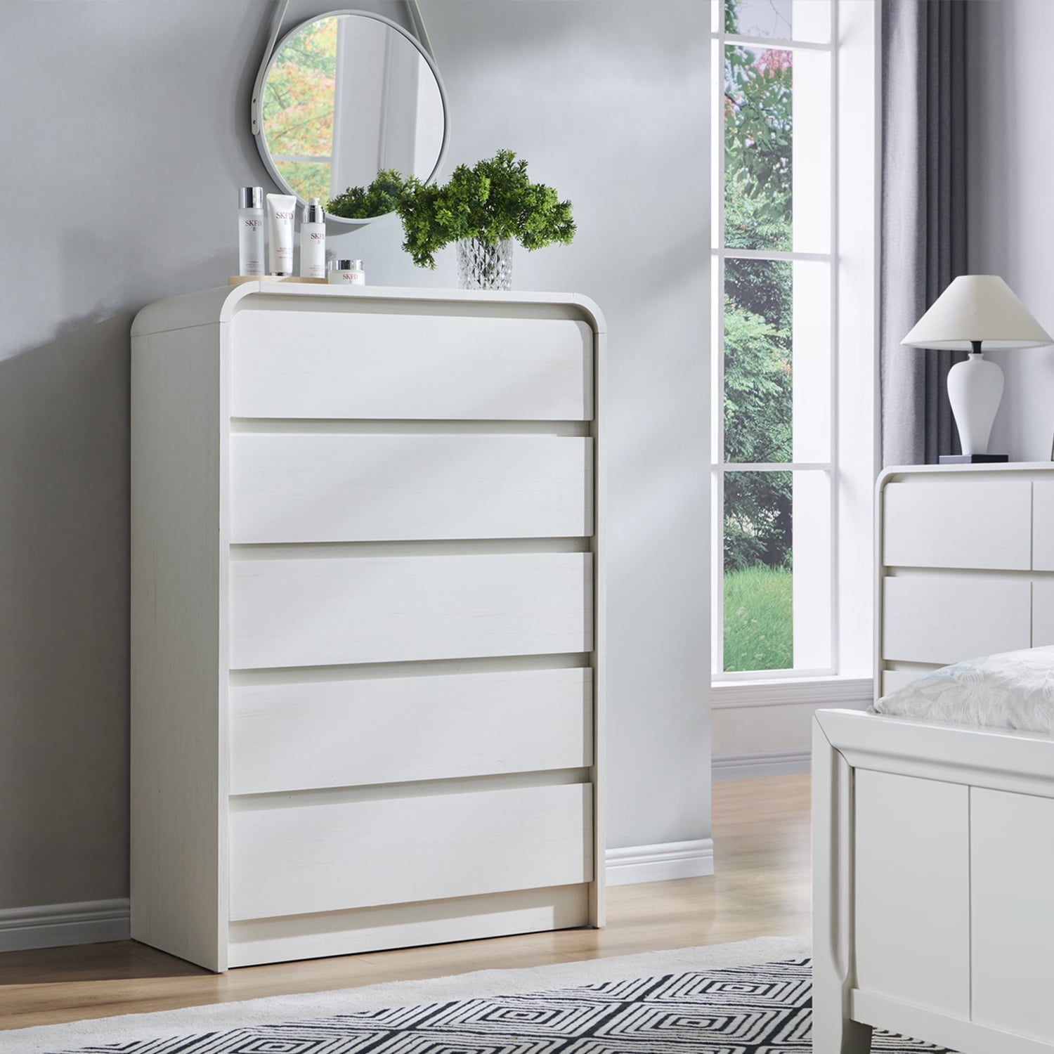 wow97e Modern Dressers for Bedroom, 45" Tall 5 Drawers & Chests of Drawers w/Curved Profile Design, Wood Mid Century Vertical Dresser w/Natural Texture for Bedroom, Living Room