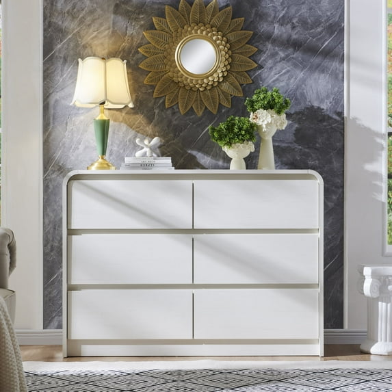 wow97e Modern Dressers for Bedroom, 47" Wide Wooden 6 Drawers & Chests of Drawers w/Curved Profile Design, Mid Century Vertical Dresser w/Natural Texture for Bedroom, Living Room
