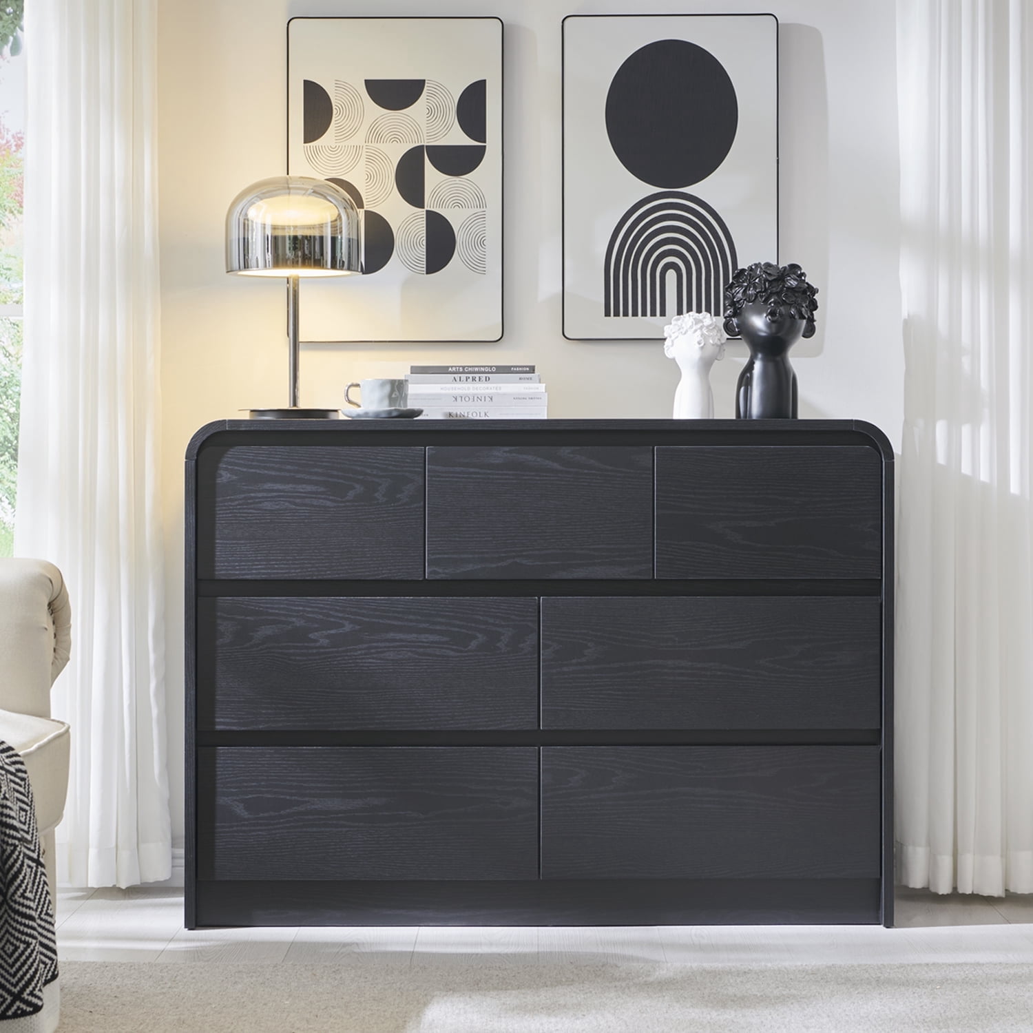 wow97e Modern Dressers for Bedroom, 47" Wide Wooden 7 Drawers & Chests of Drawers w/Curved Profile Design, Mid Century Vertical Dresser w/Natural Texture for Bedroom, Living Room