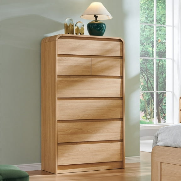 wow97e Modern Dressers for Bedroom, 55" Tall Wooden 7 Drawers & Chests of Drawers w/Curved Profile Design, Mid Century Vertical Dresser w/Natural Texture for Bedroom, Living Room