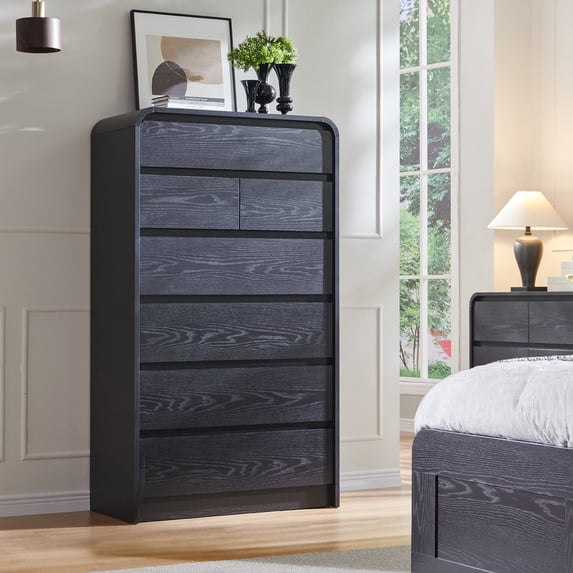 wow97e Modern Dressers for Bedroom, 55" Tall Wooden 7 Drawers & Chests of Drawers w/Curved Profile Design, Mid Century Vertical Dresser w/Natural Texture for Bedroom, Living Room