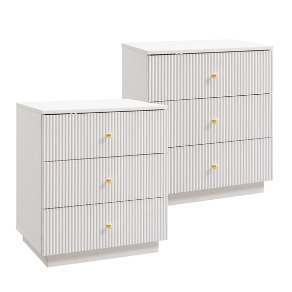 Aitjunz Modern Fluted Nightstand Set of 2 with Charging Station, 21.65" End Table with 3 Drawer, Bedside Table for Bedroom, Living Room