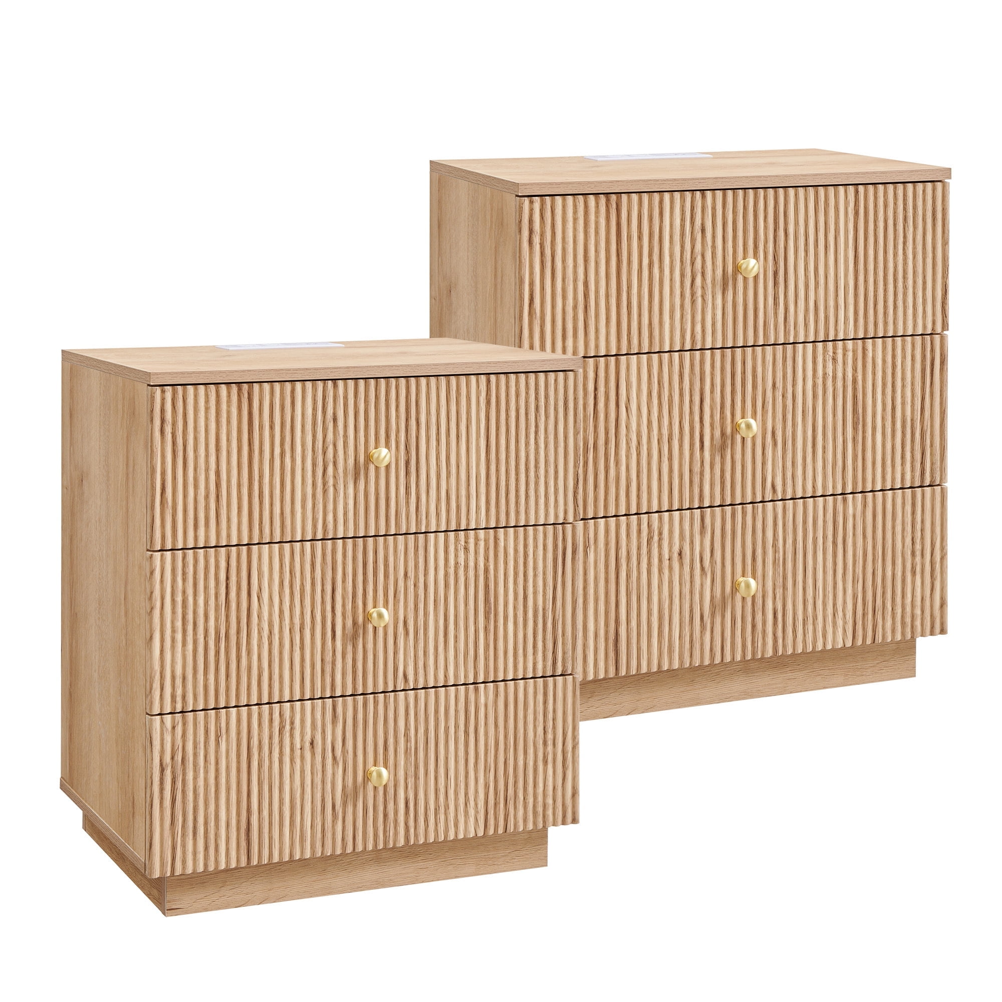wow97e Modern Fluted Nightstand Set of 2 with Charging Station, 21.65" End Table with 3 Drawer, Bedside Table for Bedroom, Living Room