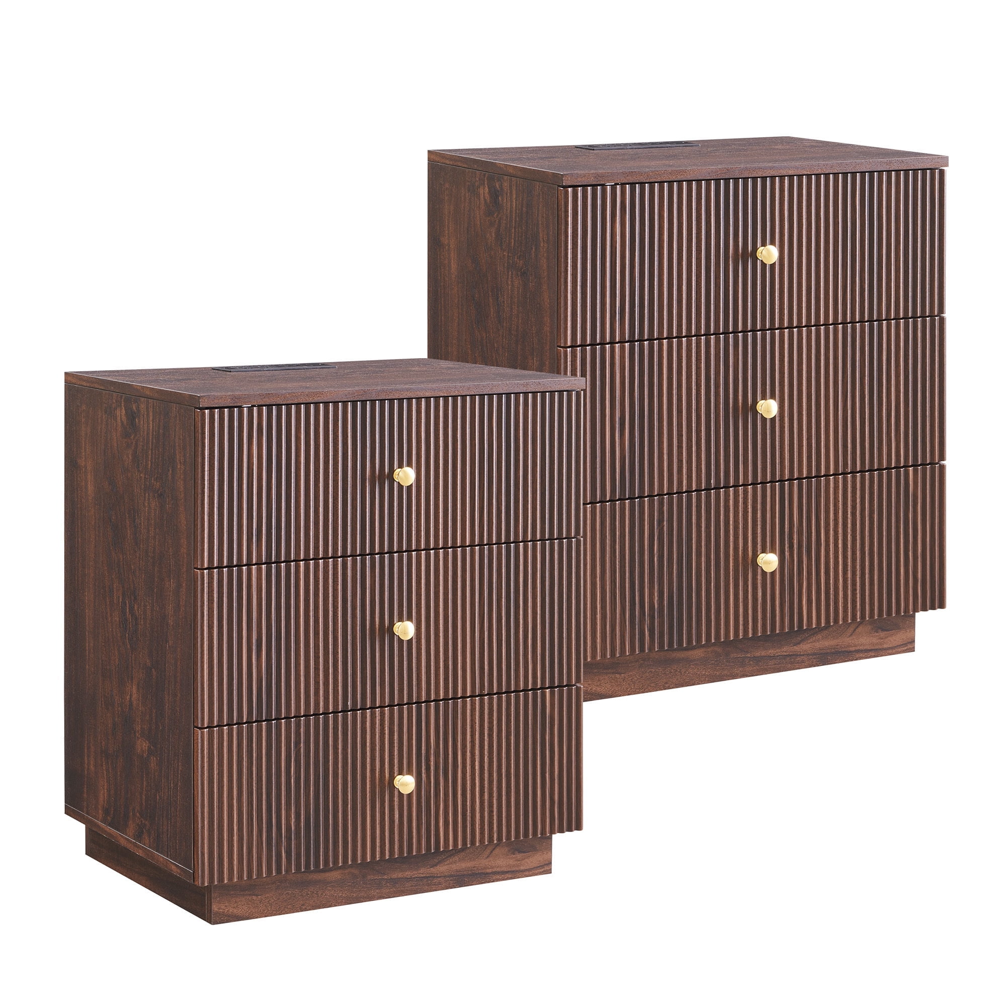 wow97e Modern Fluted Nightstand Set of 2 with Charging Station, 21.65" End Table with 3 Drawer, Bedside Table for Bedroom, Living Room