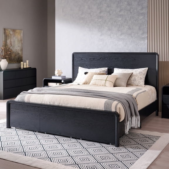 wow97e Modern King Size Bed Frame with 50" Tall Headboard, Wood Platform Bed Frame with 3 Large Storage Drawers, Curved Profile Design, No Box Spring Needed