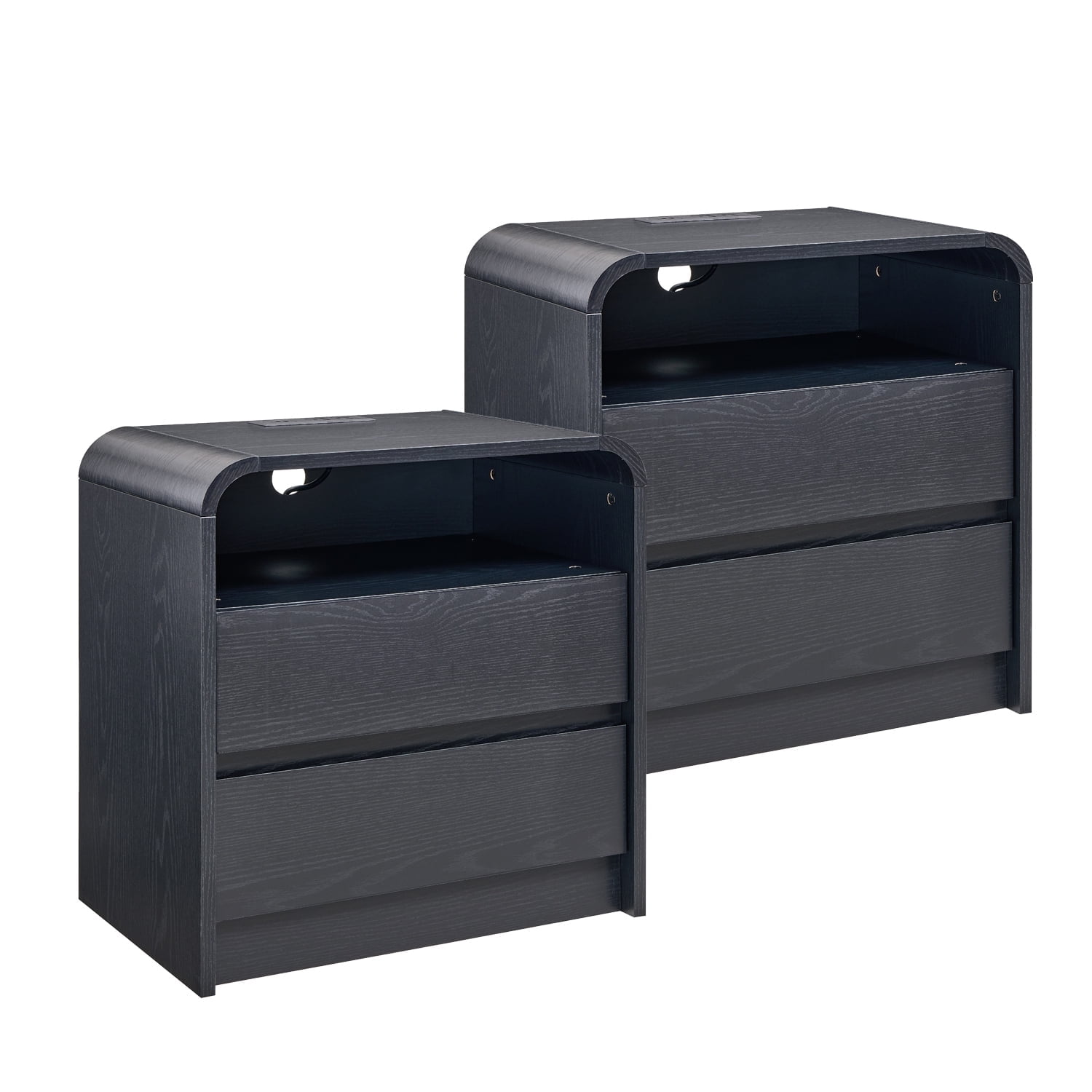 wow97e Modern Nightstand Set of 2, Bedside Table w/2 Drawers and Charging Station, Curved Profile Design, Mid Century End Table for Bedroom, Living Room