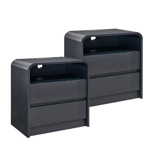 wow97e Modern Nightstand Set of 2, Bedside Table w/2 Drawers and Charging Station, Curved Profile Design, Mid Century End Table for Bedroom, Living Room
