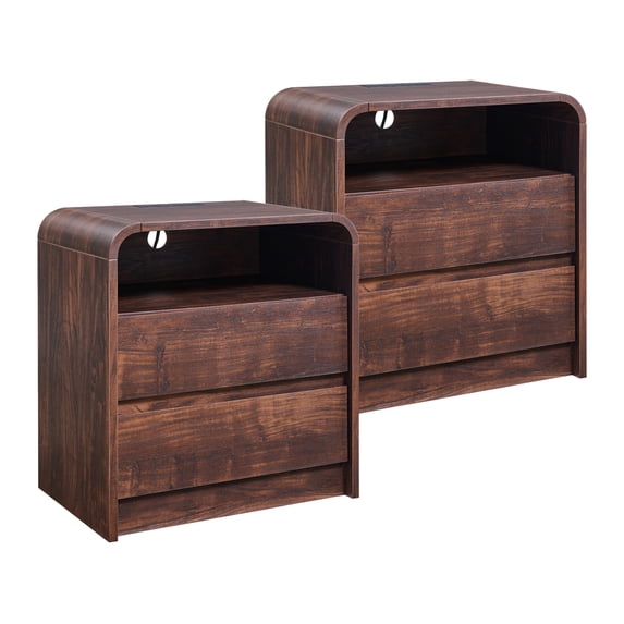 wow97e Modern Nightstand Set of 2, Bedside Table w/2 Drawers and Charging Station, Curved Profile Design, Mid Century End Table for Bedroom, Living Room