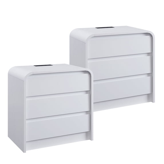 Aitjunz Modern Nightstand Set of 2 with Charging Station, 3 Drawer Wood Bedside Table w/Curved Profile Design for Bedroom