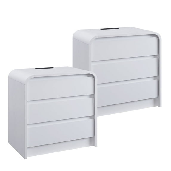wow97e Modern Nightstand Set of 2 with Charging Station, 3 Drawer Wood Bedside Table w/Curved Profile Design for Bedroom