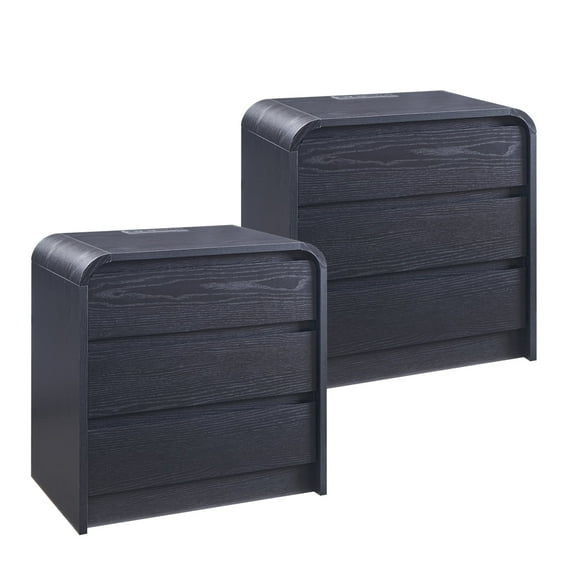 wow97e Modern Nightstand Set of 2 with Charging Station, 3 Drawer Wood Bedside Table w/Curved Profile Design for Bedroom