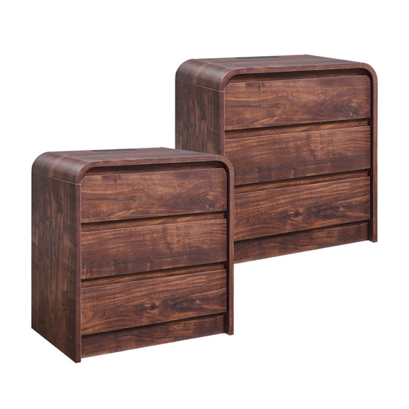 wow97e Modern Nightstand Set of 2 with Charging Station, 3 Drawer Wood Bedside Table w/Curved Profile Design for Bedroom
