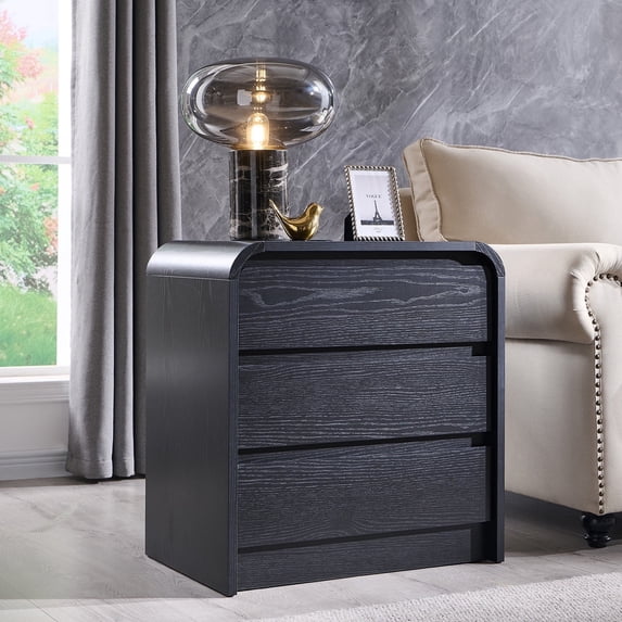 Aitjunz Modern Nightstand with Charging Station, 3 Drawer Wood Bedside Table w/Curved Profile Design for Bedroom