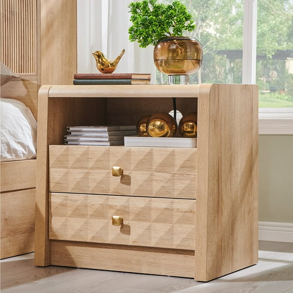 AsterOutdoor Modern Nightstand with Charging Station, Wood End Table w/Diamond Panel Decorate, 2 Storage Drawers, for Bedroom, Living Room