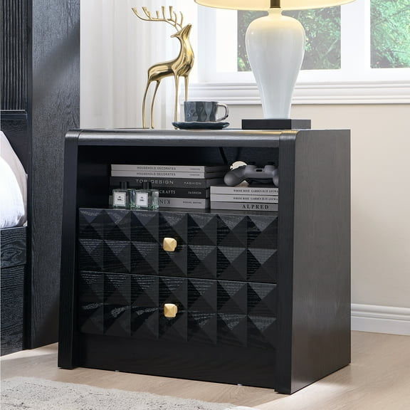 AsterOutdoor Modern Nightstand with Charging Station, Wood End Table w/Diamond Panel Decorate, 2 Storage Drawers, for Bedroom, Living Room