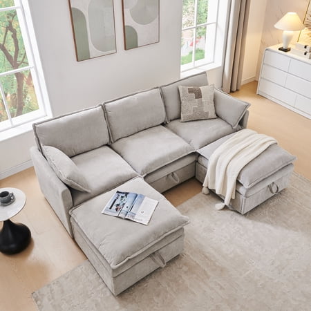 wow97e Modern Sectional Couch Set for Living Room, U-Shaped Cloud Sofa Couch with Large Storage, Chenille Fabric, 3 Seat Couch with 2 Movable Ottomans
