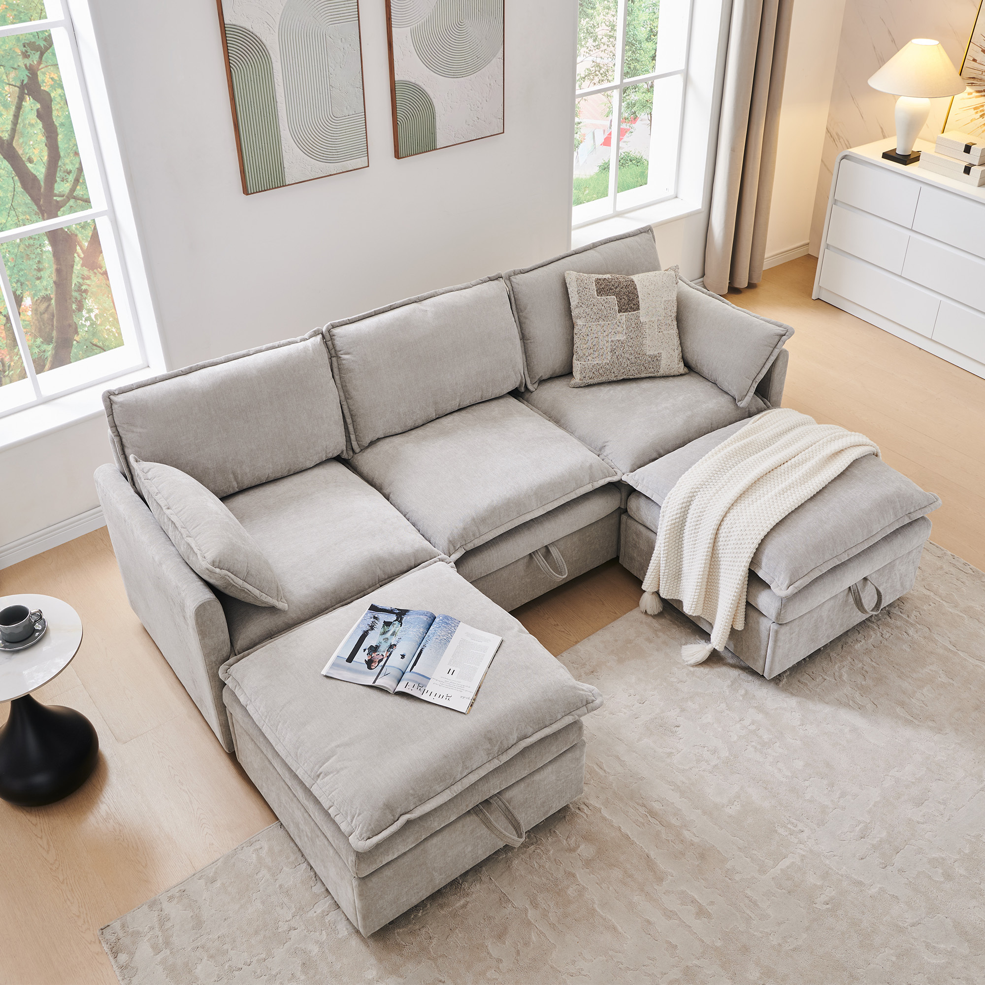 Wow97e Modern Sectional Couch Set Living Room U Shaped Cloud Sofa Couch Large Storage Chenille Fabric 3 Seat Couch 2 Movable Ottomans: What to Expect