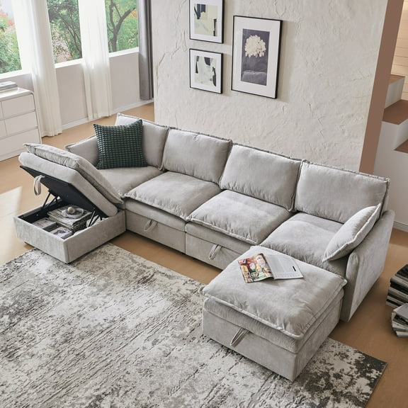wow97e Modern Sectional Couch Set for Living Room, U-Shaped Cloud Sofa Couch with Large Storage, Chenille Fabric, 4 Seat Couch with 2 Movable Ottomans