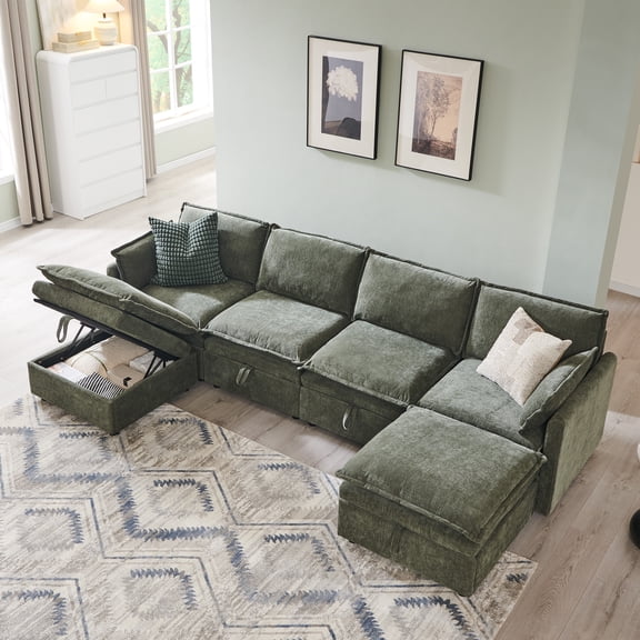 wow97e Modern Sectional Couch Set for Living Room, U-Shaped Cloud Sofa Couch with Large Storage, Chenille Fabric, 4 Seat Couch with 2 Movable Ottomans