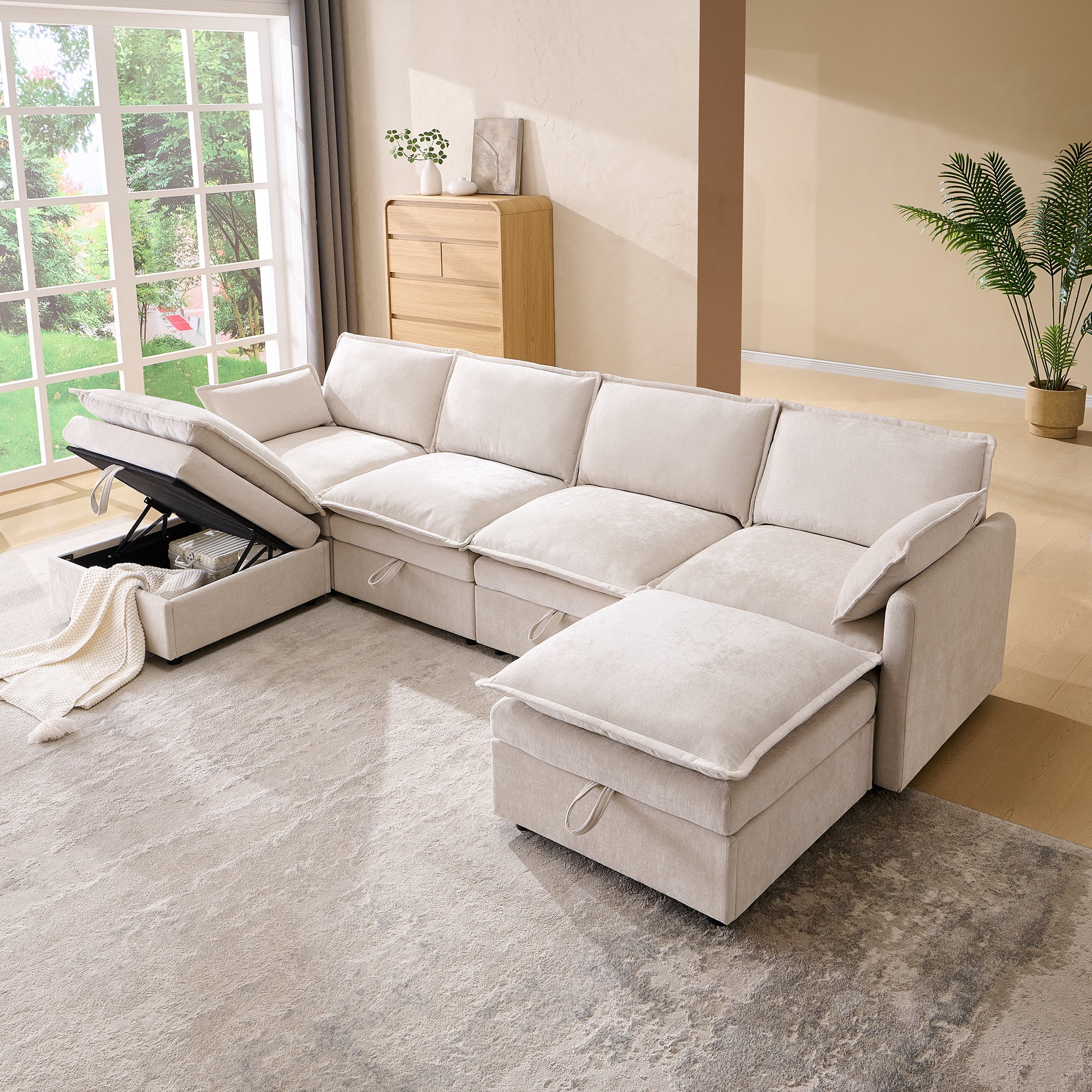 wow97e Modern Sectional Couch Set for Living Room, U-Shaped Cloud Sofa Couch with Large Storage, Chenille Fabric, 4 Seat Couch with 2 Movable Ottomans