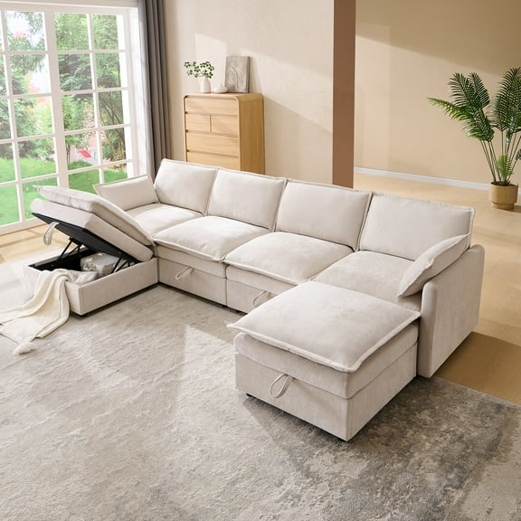 wow97e Modern Sectional Couch Set for Living Room, U-Shaped Cloud Sofa Couch with Large Storage, Chenille Fabric, 4 Seat Couch with 2 Movable Ottomans