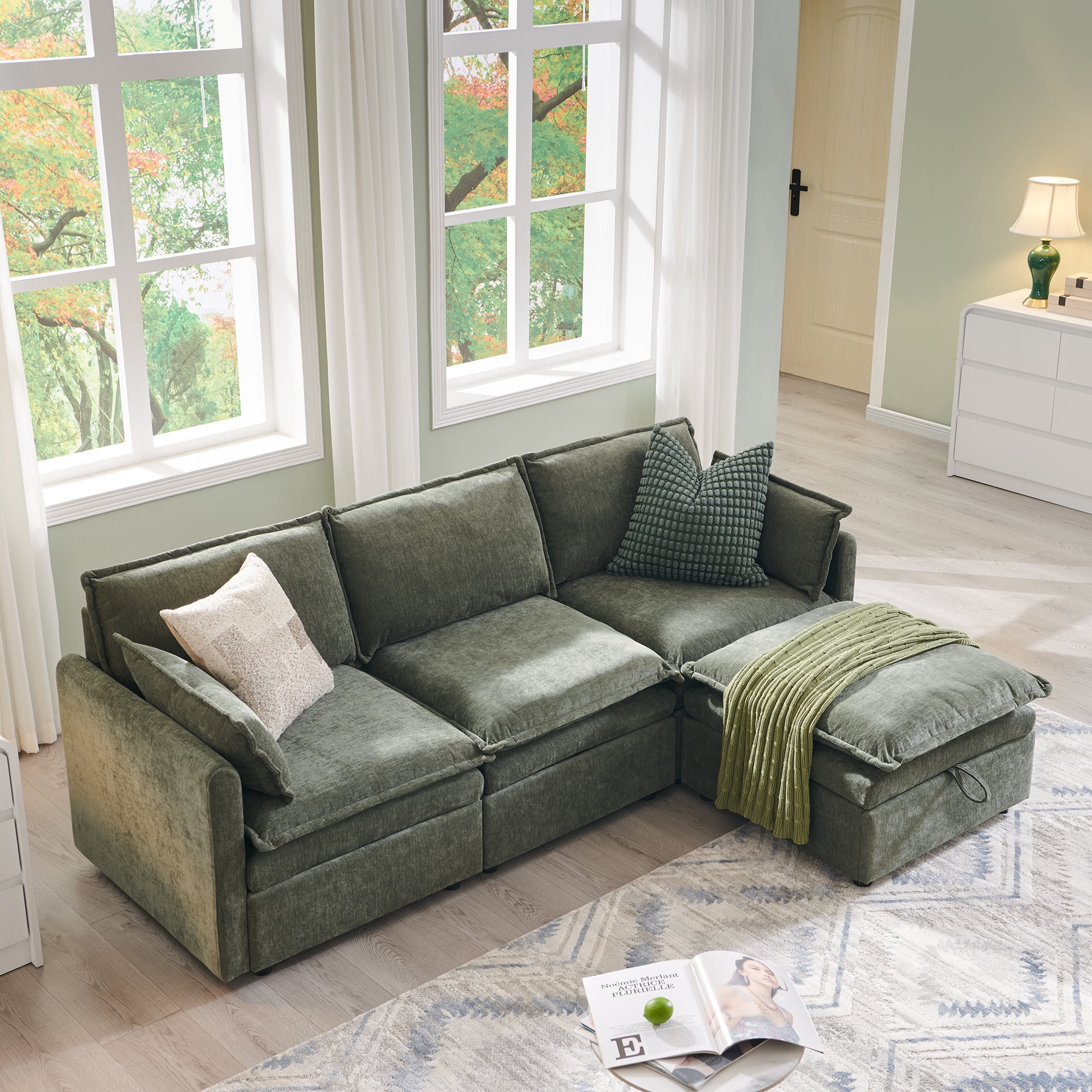 wow97e Modern Sectional Couch Set for Living Room, L-Shaped Cloud Sofa Couch with Large Storage, Chenille Fabric, 3 Seat Couch with Movable Ottoman