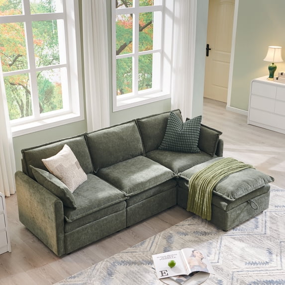 wow97e Modern Sectional Couch Set for Living Room, L-Shaped Cloud Sofa Couch with Large Storage, Chenille Fabric, 3 Seat Couch with Movable Ottoman