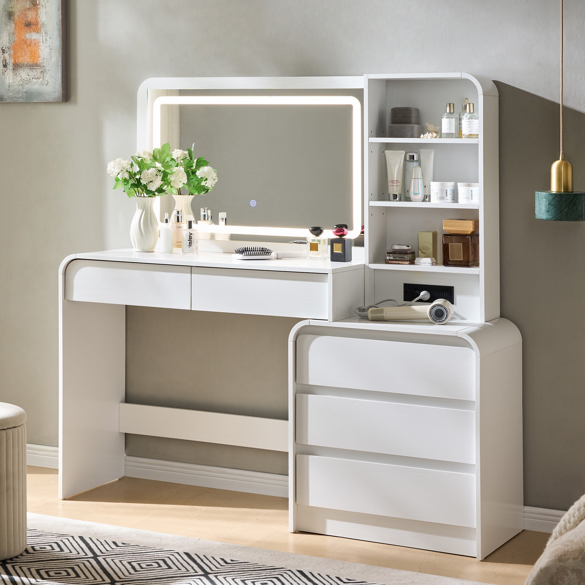 wow97e Modern Vanity Desk with Touch Screen LED Mirror, 55" Big Make Up Table with 5 Drawers , Wood Dressing Tablew/3 Color Available, Charging Station