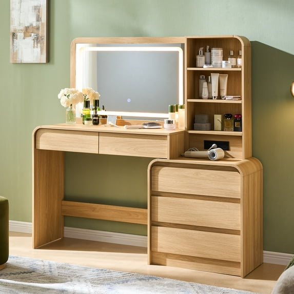 wow97e Modern Vanity Desk with Touch Screen LED Mirror, 55" Big Make Up Table with 5 Drawers , Wood Dressing Tablew/3 Color Available, Charging Station
