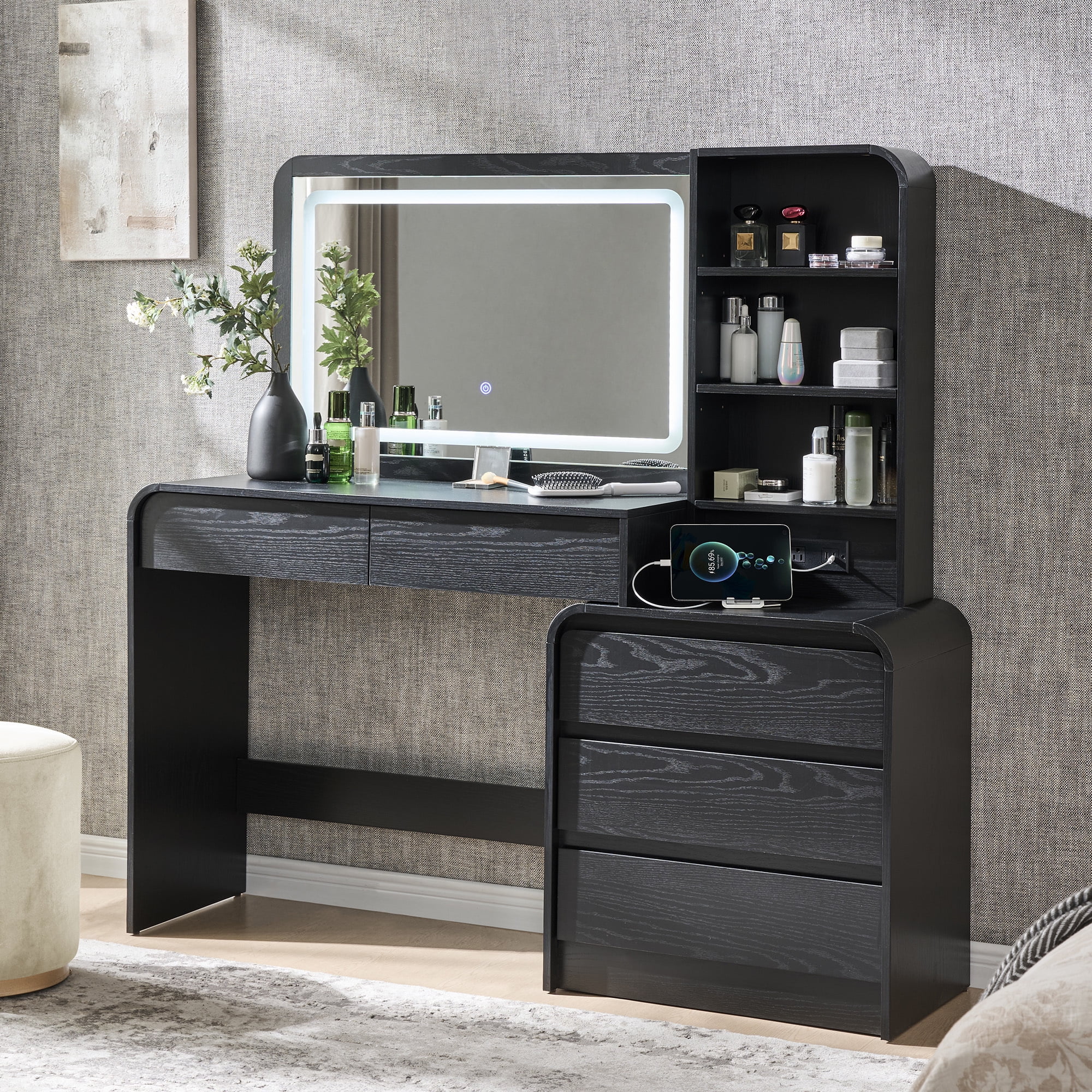 wow97e Modern Vanity Desk with Touch Screen LED Mirror, 55" Big Make Up Table with 5 Drawers , Wood Dressing Tablew/3 Color Available, Charging Station