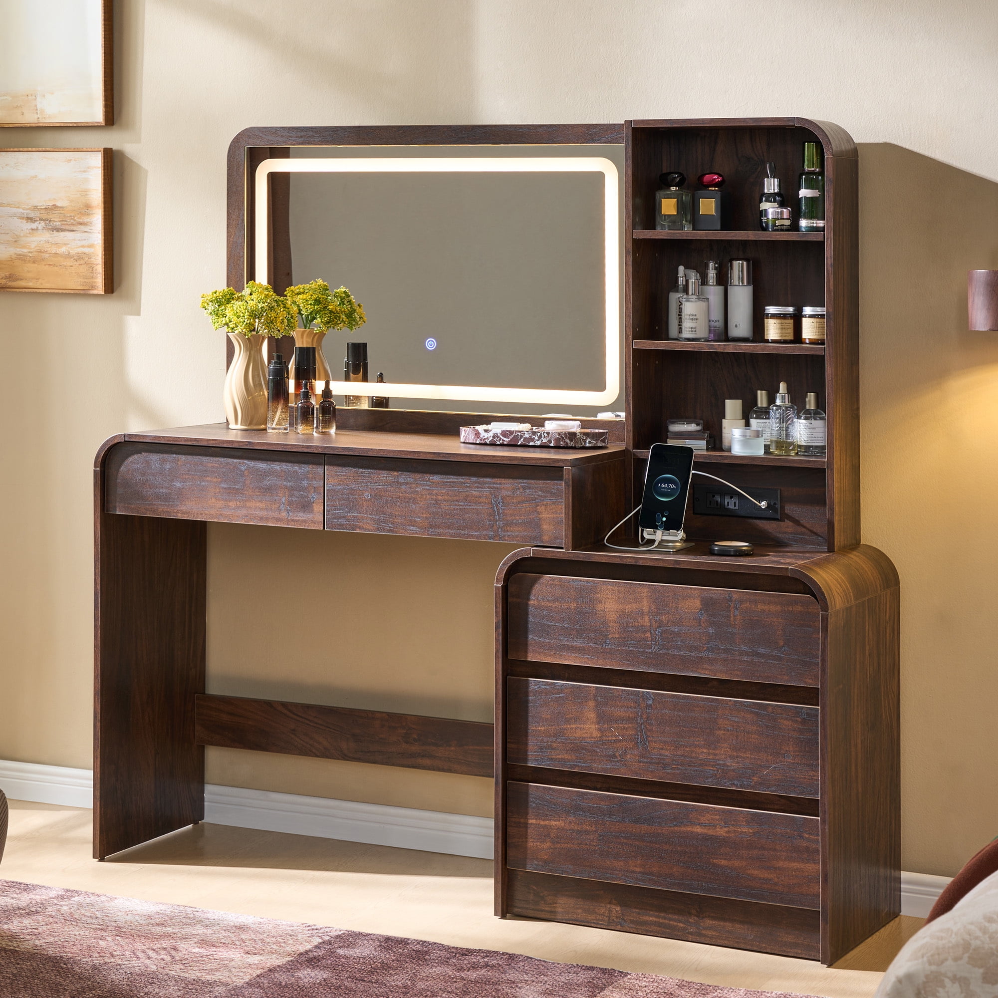 wow97e Modern Vanity Desk with Touch Screen LED Mirror, 55" Big Make Up Table with 5 Drawers , Wood Dressing Tablew/3 Color Available, Charging Station
