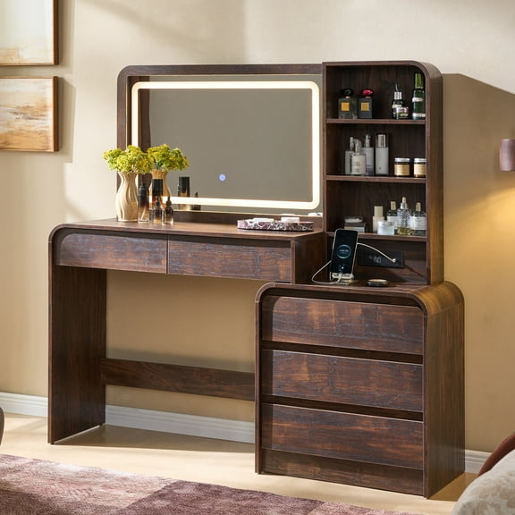 wow97e Modern Vanity Desk with Touch Screen LED Mirror, 55" Big Make Up Table with 5 Drawers , Wood Dressing Tablew/3 Color Available, Charging Station