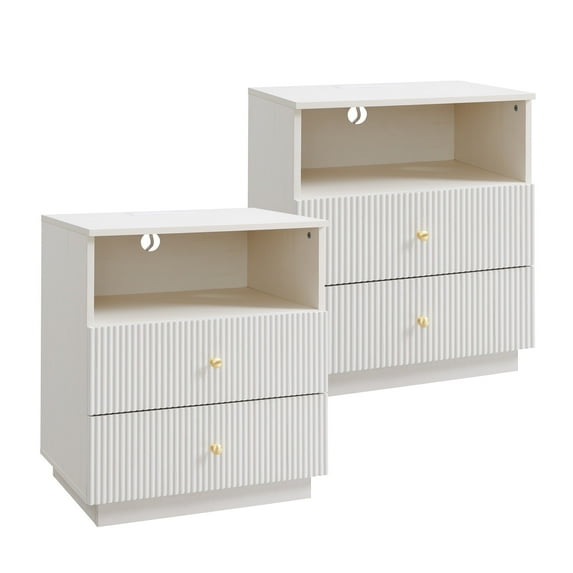 wow97e Nightstand set of 2 with Charging Station, Wood Fluted 21.65" Wide End Table with 2 Drawers for Bedroom, Living Room