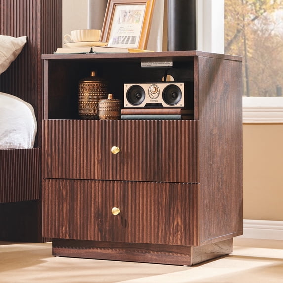 Aitjunz Nightstand with Charging Station, Wood Fluted 21.65" Wide End Table with 2 Drawers for Bedroom, Living Room