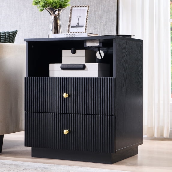 Aitjunz Nightstand with Charging Station, Wood Fluted 21.65" Wide End Table with 2 Drawers for Bedroom, Living Room