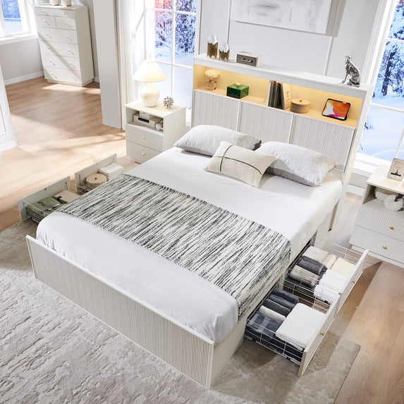 wow97e Queen Size Bed Frame with 50" Tall Storage Headboard, Wooden Platform Bed Frame with 4 Drawers, LED Lights, Charging Station, No Box Spring Needed, White